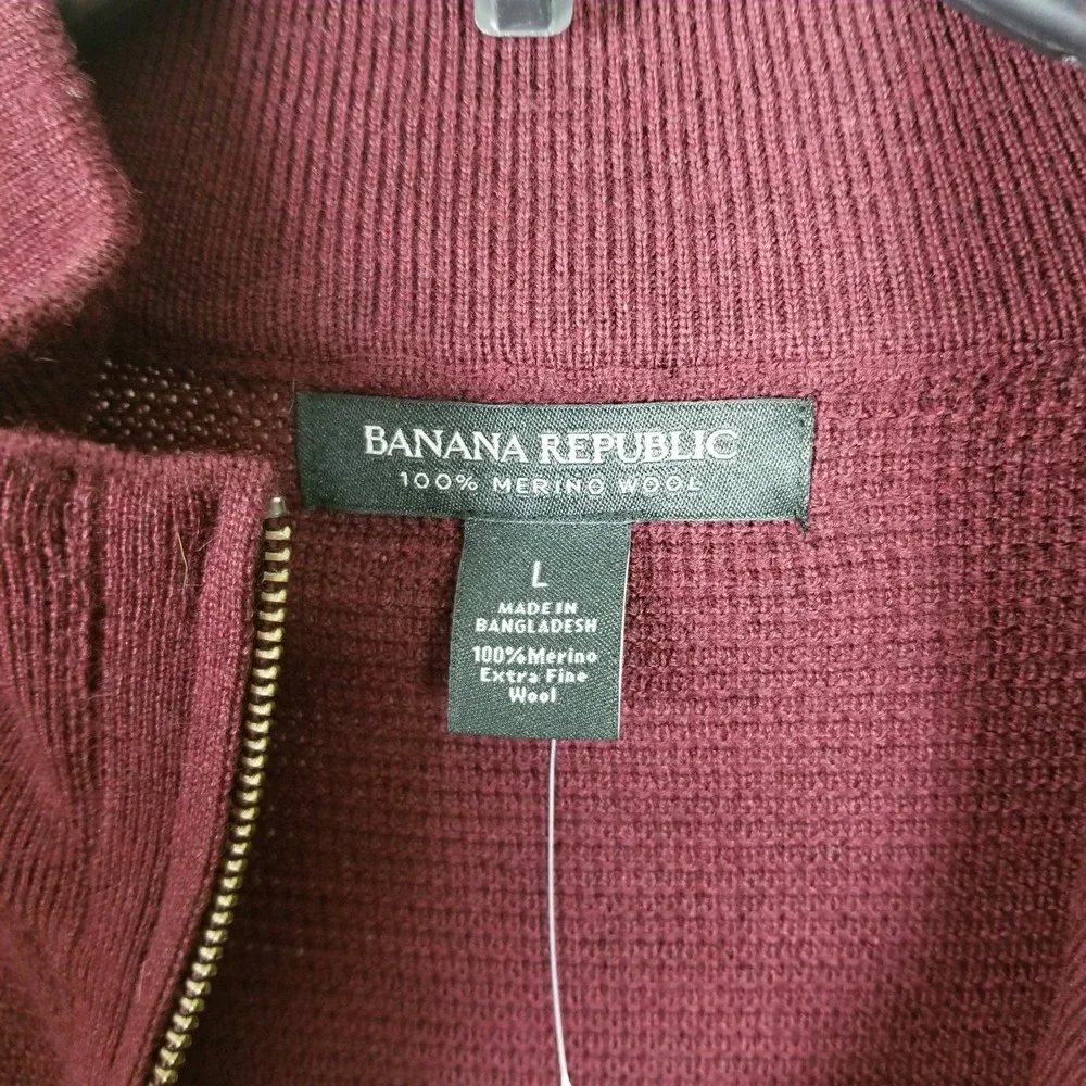 Banana Republic Sweater Mens L Burgundy Merino Wool Waffle 1/4 Zip 591168-01-1
